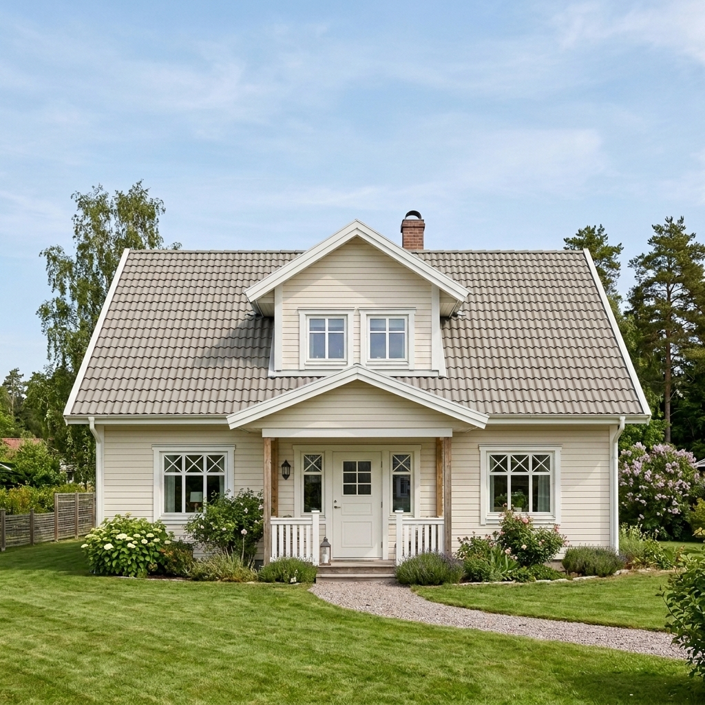 Villafasad med nymålad träpanel