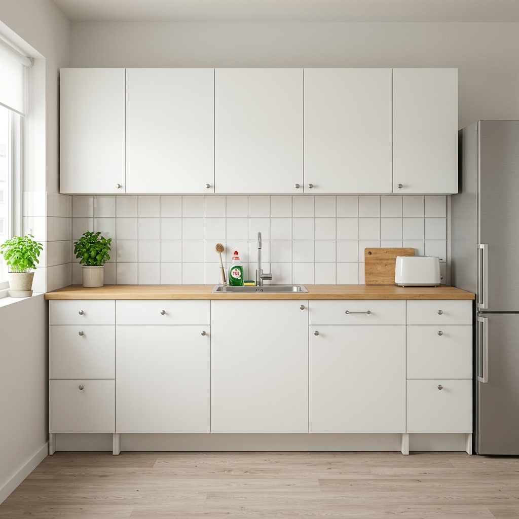 Renoverat kök med vita luckor och laminatbänkskiva i ek