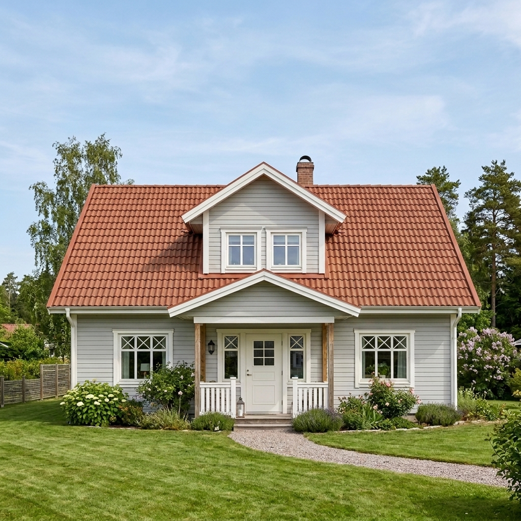 Villatak med nylagda tegelpannor